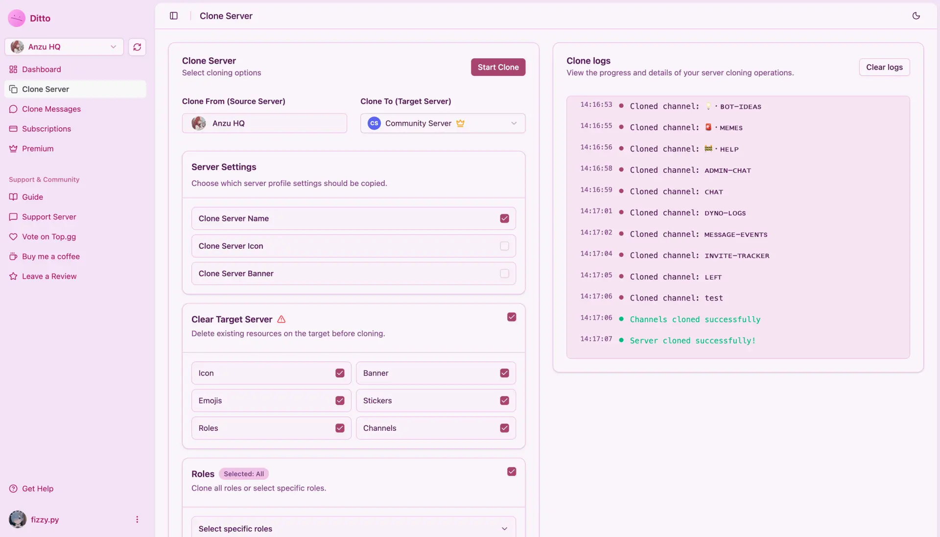 Ditto Discord Server Cloner Dashboard Demo